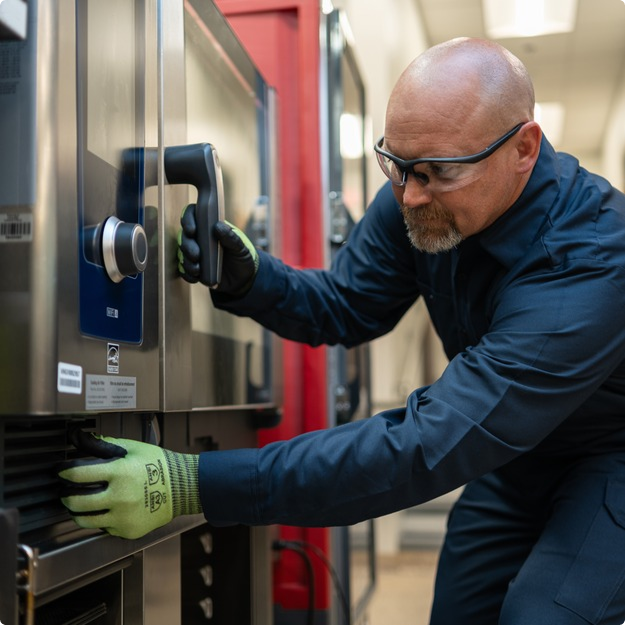 Technician in safety glasses servicing the controls of a commercial oven